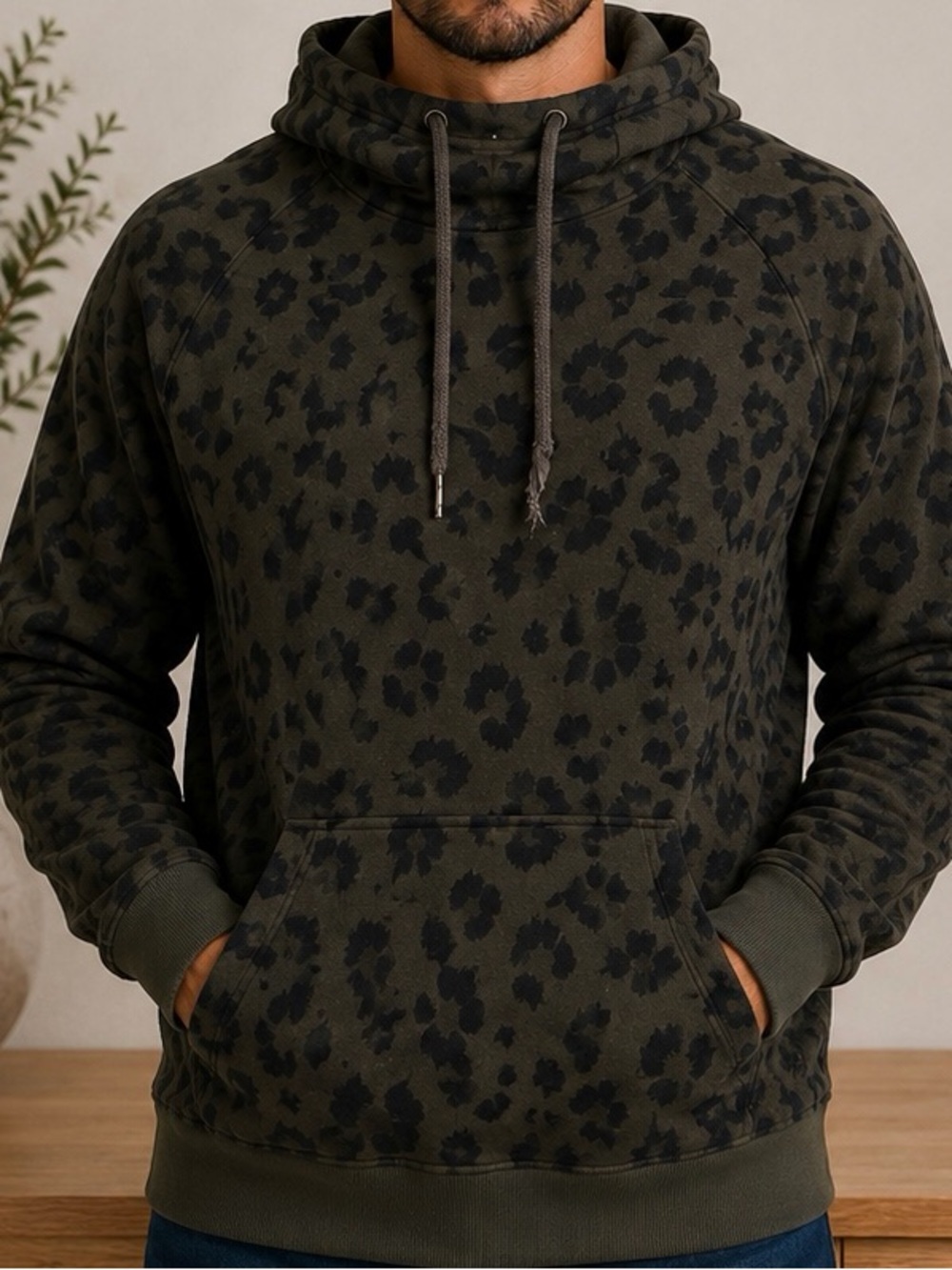 Express Olive & Black Leopard-Print Pullover Hoodie